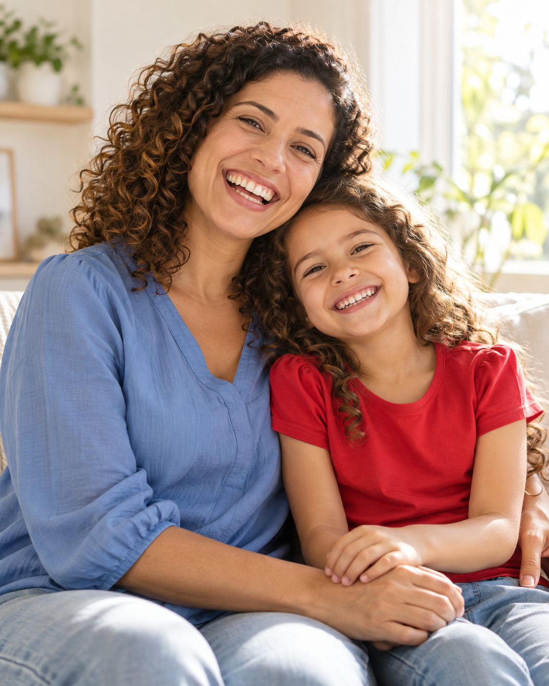 Mãe e filha sorrindo juntas em casa — imagem ilustrativa